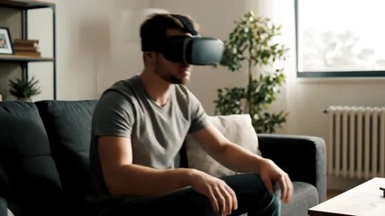 Man playing virtual reality game. Immersive experience with augmented reality headset. Interactive technology for entertainment and simulation. - Powered by Adobe