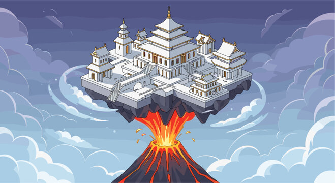Floating temple over an erupting volcano in a fantasy sky setting