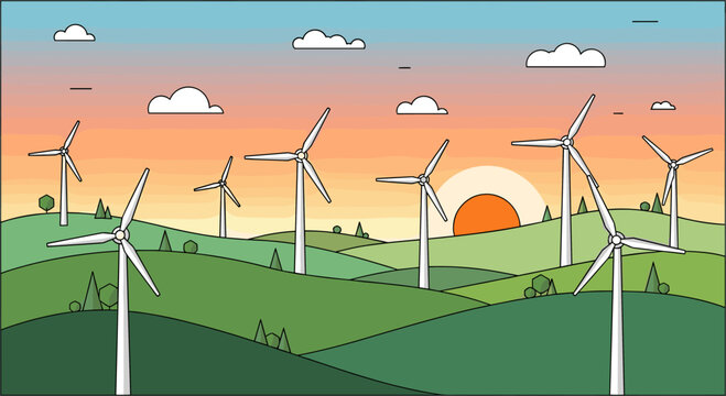 Scenic landscape with wind turbines at sunset over rolling hills