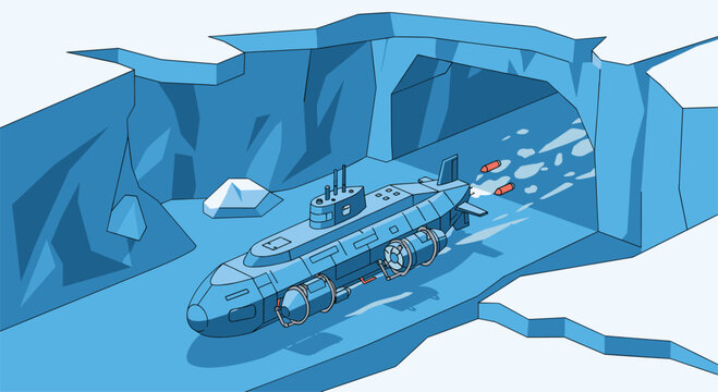 Futuristic submarine navigating ice cave with torpedoes in bold adventure scene