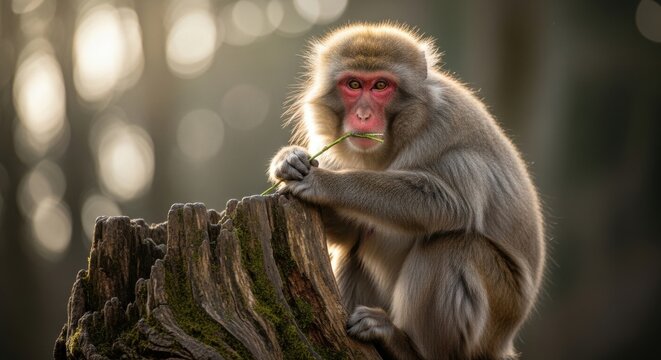 Japanese macaque eating a green twig in a forest. Wild snow monkey with a red face sitting on a tree stump. Primate behavior and wildlife conservation concept with beautiful rim lighting - Powered by Adobe