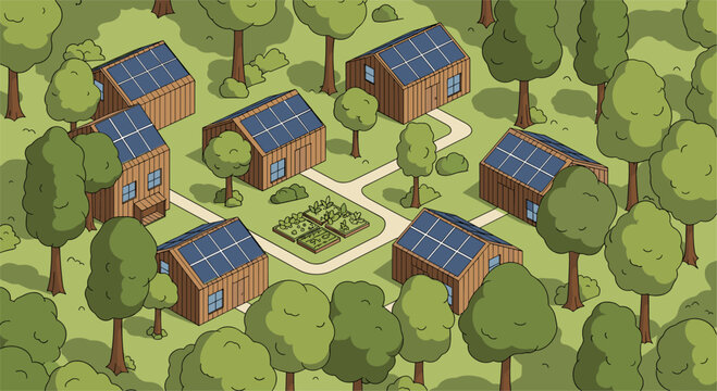 Sustainable eco village with solar panel rooftops and garden amidst lush forest