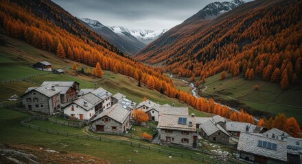 Rustic alpine village in a scenic mountain valley. Traditional stone houses with solar panels for sustainable living. Golden autumn larch forest with snow capped peaks. European travel destination