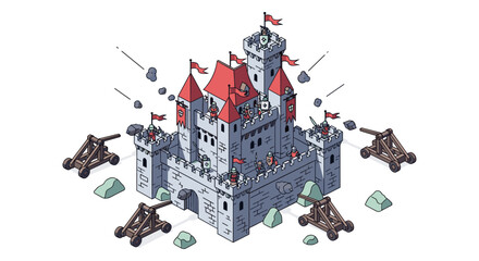 Obraz premium Medieval castle siege with knights and catapults in isometric style