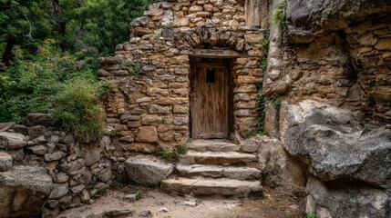 A weathered stone building features a wooden door and stone steps, nestled among lush greenery. The peaceful atmosphere suggests a hidden retreat in nature.
