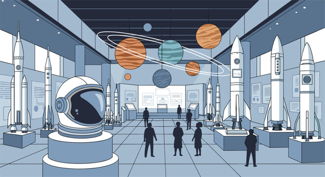 Modern space museum exhibit featuring rockets and planetary models in a blue monochrome linear style
