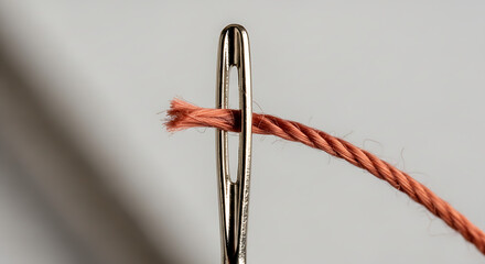 Close up of a sewing needle with orange thread passing through the eye against a blurred background symbolizing craftsmanship and repair