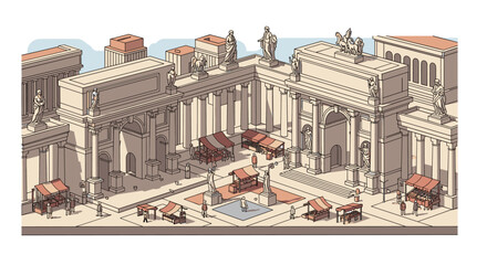 Ancient roman marketplace scene with statues and columns in isometric style