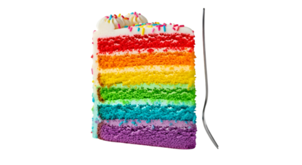 Slice of rainbow layer cake with frosting isolated on transparent background