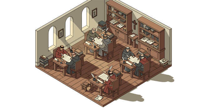 Medieval scriptorium scene with monks writing in isometric library setting