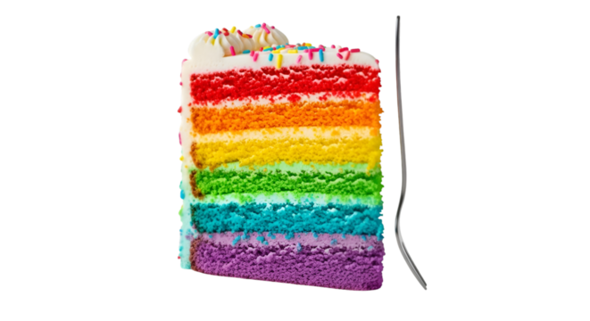 Slice of rainbow layer cake with frosting isolated on transparent background