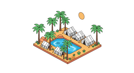 Fototapeta premium Desert oasis retreat camp with palm trees and tents isometric design