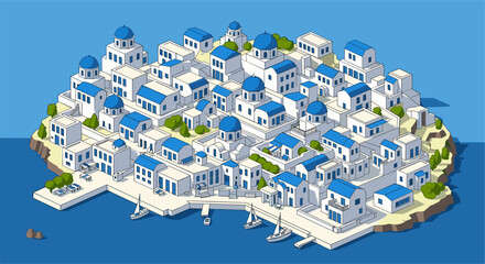 Picturesque coastal village with blue roofs and white buildings in isometric design