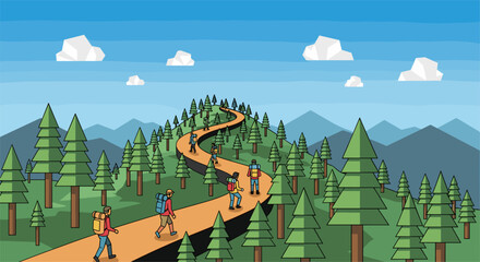 Naklejka premium Hikers explore a winding trail through a vibrant forest landscape in comic style