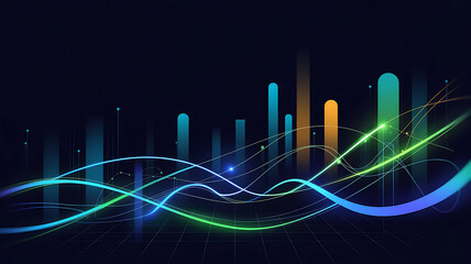 Abstract glowing blue and green lines over dark background with bars image