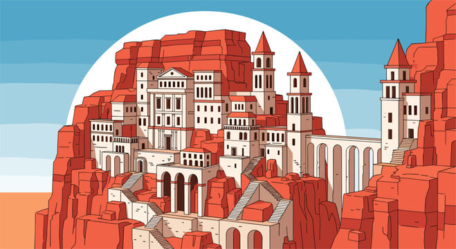 Ancient cliffside cityscape with majestic architecture in vibrant colors