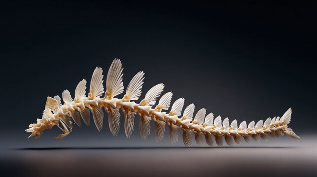Detailed fish skeleton against a dark backdrop. Evokes themes of mortality, anatomy, and nature. Great for educational materials or symbolic representations.