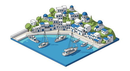 Obraz premium Isometric coastal village with white buildings and boats in blue water