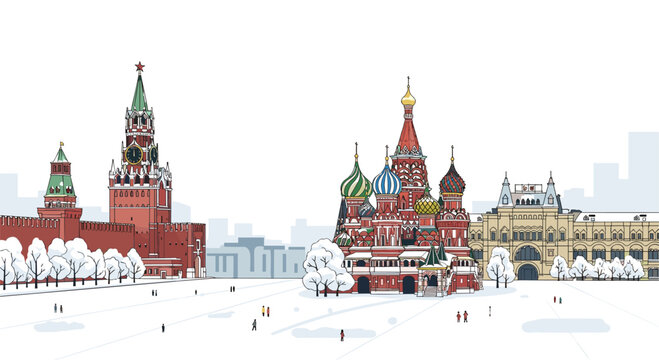 Iconic moscow winter scene featuring st. basil's cathedral and kremlin tower skyline