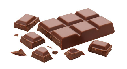 Milk chocolate bar broken into pieces isolated on transparent background