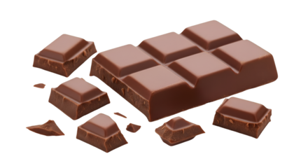 Milk chocolate bar broken into pieces isolated on transparent background