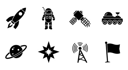 Space exploration icons: rocket, astronaut, satellite, rover, and more in silhouette style