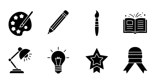 Creative icon set for arts education: pencil, paintbrush, palette, lamp