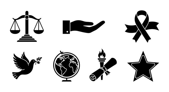 Set of black silhouette icons representing justice, peace, and global education themes