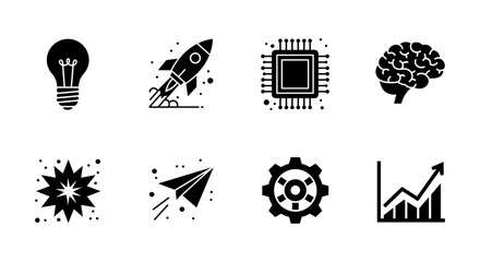 Innovation and technology icons: flat black silhouettes of light bulb, rocket, microchip, brain, and more