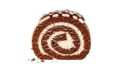 Chocolate swiss roll cake with cream filling isolated on transparent background