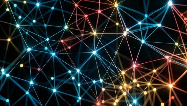 Glowing network connections of colorful nodes and lines forming digital web on dark background. seamless looping 4k video background
