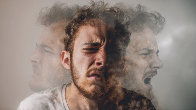 A young man shows deep emotional struggle, with his face expressing pain and frustration. The background is blurred, enhancing the feeling of turmoil and intensity.