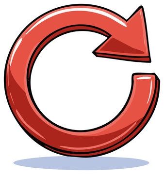 Glossy red refresh arrow in cartoon style. Hand-drawn reload, repeat, and update symbol.