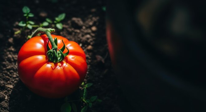 Ripe red heirloom tomato on garden soil. Organic farming and fresh harvest concept. Natural sunlight with dramatic shadows for copy space. Healthy eating and sustainable agriculture banner