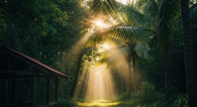 Serene jungle path with golden sunbeams. Tropical paradise for wellness and travel. Ecotourism destination with a wooden hut. Natural sanctuary for meditation and spiritual retreat - Powered by Adobe