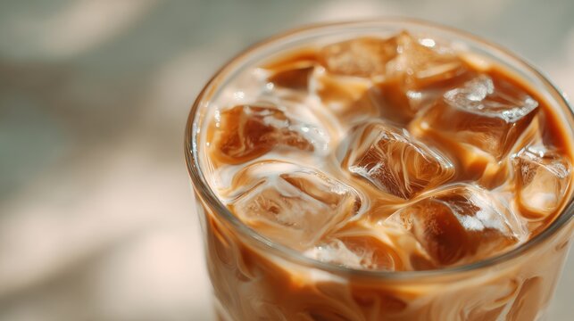 Refreshing iced latte beverage with ice cubes in a clear glass shows summer cool drink with coffee and milk swirling beautifully