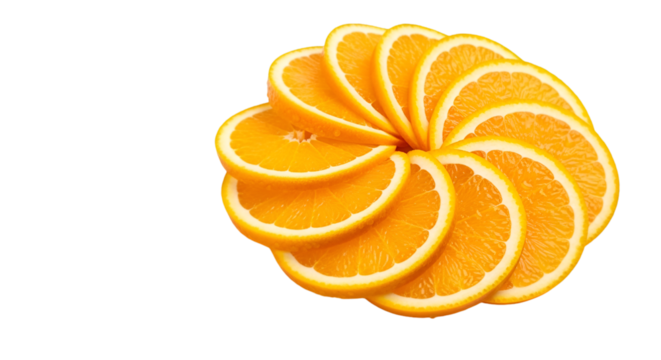 Abstract spiral arrangement of fresh orange slices isolated on transparent background