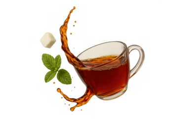 Tea splashing from glass cup with mint leaves and sugar cube levitating, hot beverage refreshing break concept