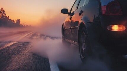 A black car drives on a wet road at sunset. Mist rises from the pavement, creating a dramatic atmosphere. The scene captures motion and tranquility.