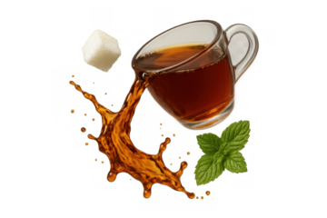 Pouring hot tea spilling from transparent cup with fresh mint leaves and sugar cube, refreshment concept