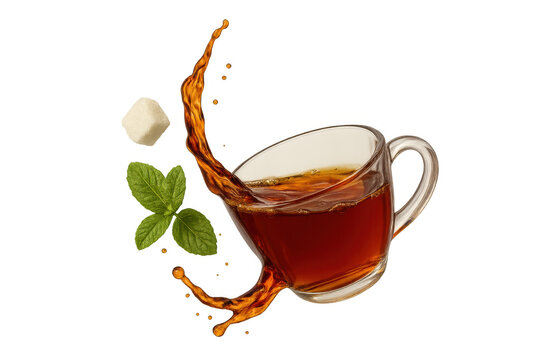 Tea splashing from glass cup with mint leaves and sugar cube levitating, hot beverage refreshing break concept - Powered by Adobe