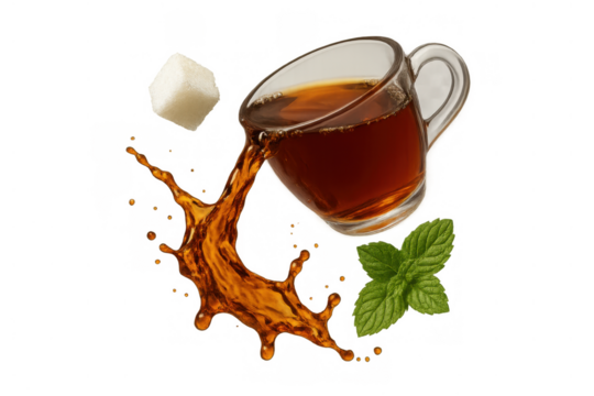 Pouring hot tea spilling from transparent cup with fresh mint leaves and sugar cube, refreshment concept