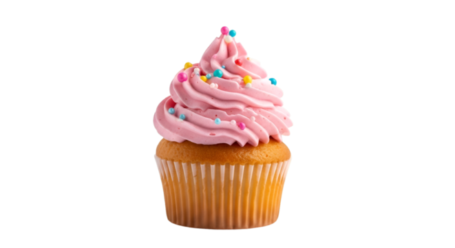 Pink frosted cupcake with sprinkles isolated on transparent background - Powered by Adobe