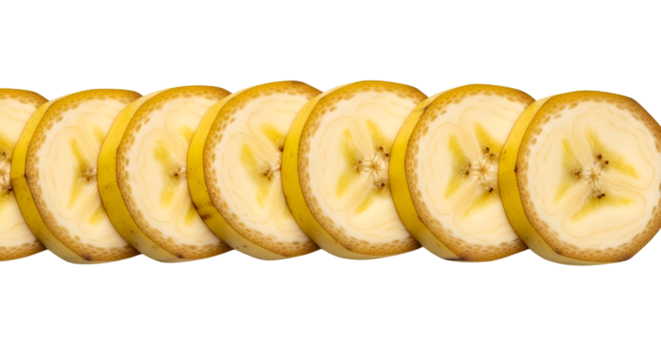Sliced banana fruit arranged in a row isolated on transparent background