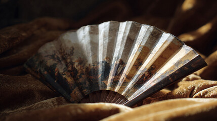 Elegant hand fan rests on soft golden fabric. Evokes vintage style, beauty, and grace. Suitable for themes of history, fashion, art, or culture. Sophisticated  classic aesthetic.