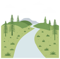 Green Landscape with Stream and Evergreen Trees Vector Flat Illustration