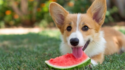 A playful corgi puppy lies on lush green grass while happily chewing on a slice of bright pink watermelon under warm sunlight in a garden setting.
