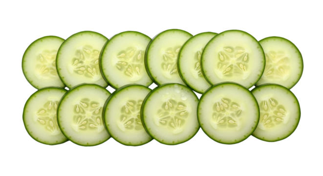 Sliced cucumber circles arranged in a pattern isolated on transparent background