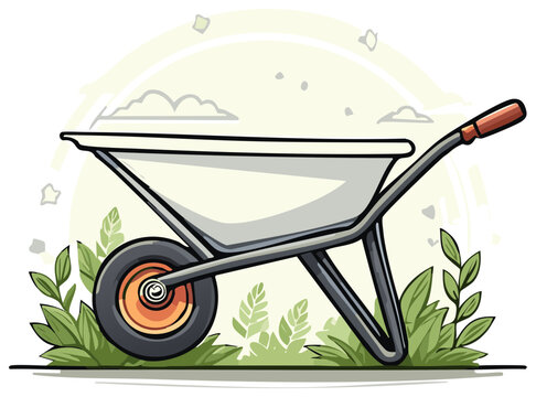Simple illustration of a garden wheelbarrow filled with soil surrounded by green leaves and plants