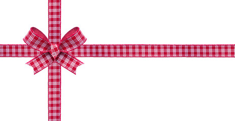 Red and white checked Christmas gift bow and ribbon. Wrapped box layout isolated on a white...